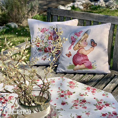 Nappe et foulard FLEURS LINO rouge