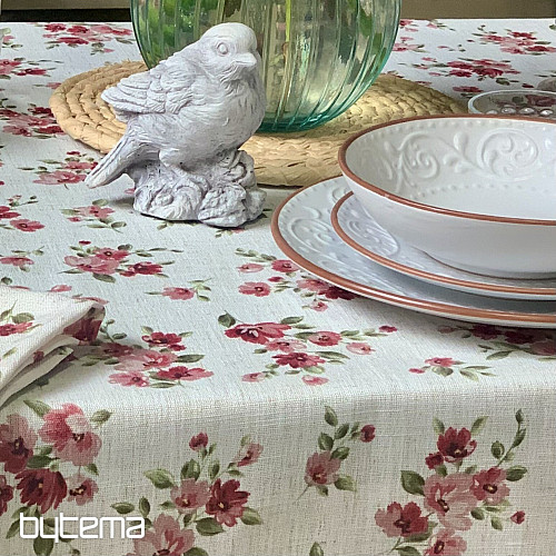 Nappe et foulard FLEURS LINO rouge