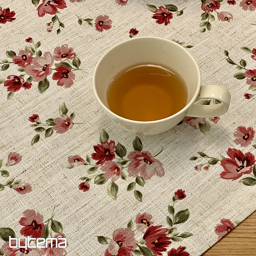 Nappe et foulard FLEURS LINO rouge