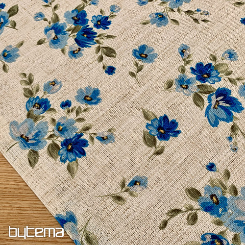 Nappe et foulard FLEURS LINO bleu