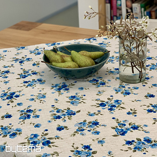 Nappe et foulard FLEURS LINO bleu