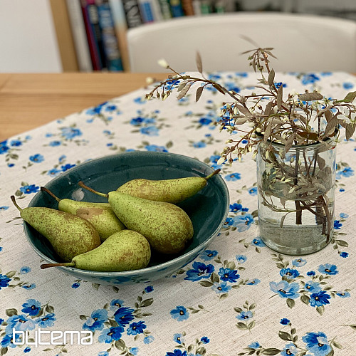 Nappe et foulard FLEURS LINO bleu