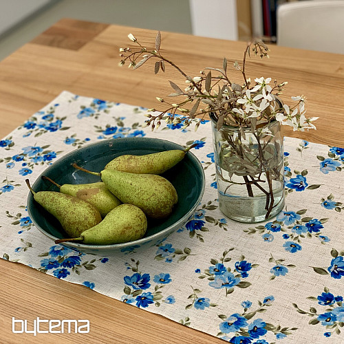 Nappe et foulard FLEURS LINO bleu