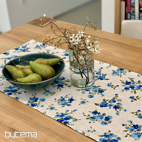 Nappe et foulard FLEURS LINO bleu
