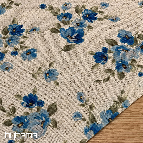 Nappe et foulard FLEURS LINO bleu