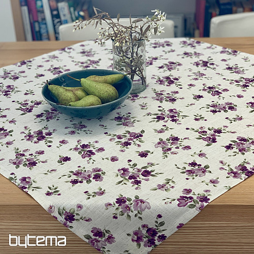 Nappe et foulard FLEURS LINO violet