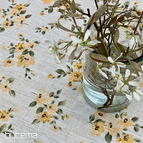 Nappe et foulard FLEURS LINO jaune