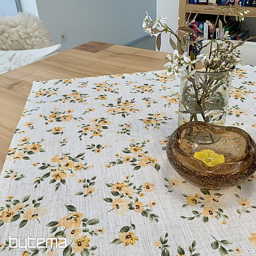 Nappe et foulard FLEURS LINO jaune
