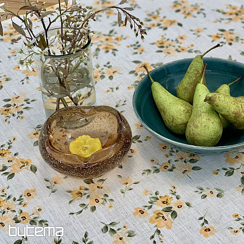 Nappe et foulard FLEURS LINO jaune