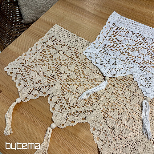 Rideau en vitrail fini, fleurs blanches au crochet