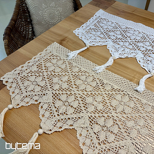 Rideau en vitrail fini, fleurs blanches au crochet