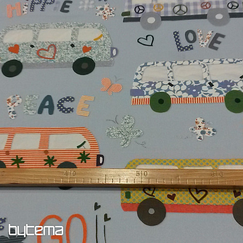 Tissu déco enfant HIPPIE CARS bleu