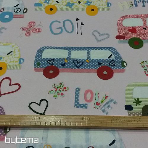 Tissu déco enfant HIPPIE CARS rose
