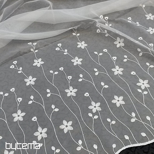 Rideau de luxe brodé GERSTER 11666 fleurs blanches