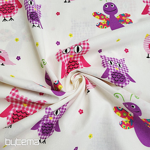 Tissu décoratif pour enfants HIBOUX ET PAPILLONS VIOLETTES