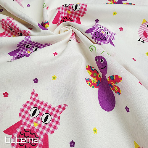 Tissu décoratif pour enfants HIBOUX ET PAPILLONS VIOLETTES