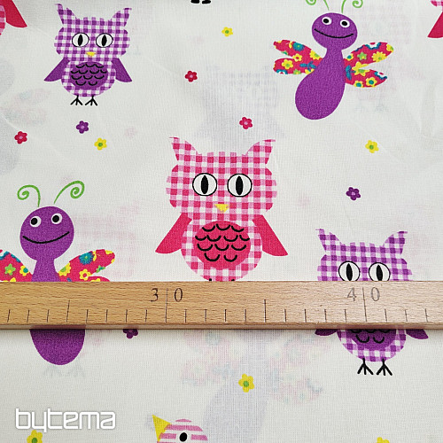 Tissu décoratif pour enfants HIBOUX ET PAPILLONS VIOLETTES