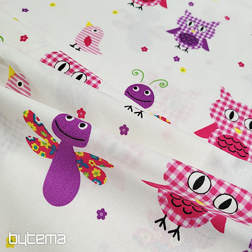Tissu décoratif pour enfants HIBOUX ET PAPILLONS VIOLETTES