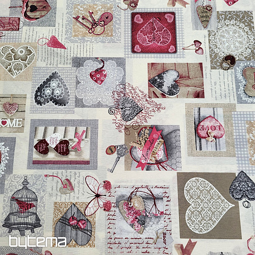 Tissu déco HEART SHABBY bordeaux