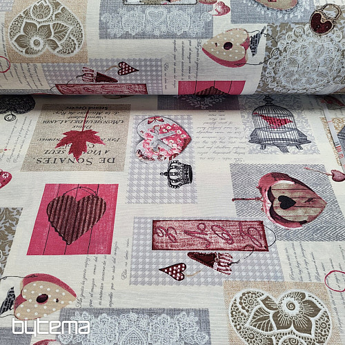 Tissu déco HEART SHABBY bordeaux