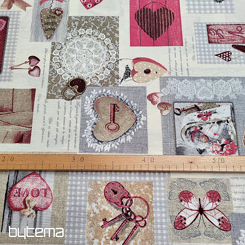 Tissu déco HEART SHABBY bordeaux