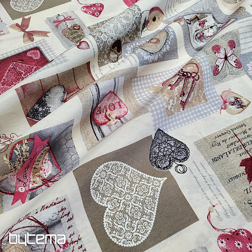 Tissu déco HEART SHABBY bordeaux