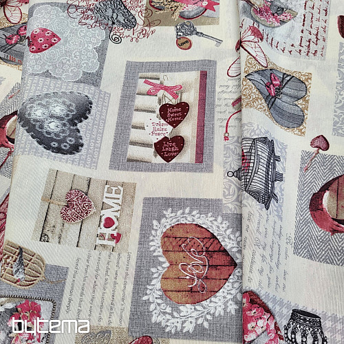 Tissu déco HEART SHABBY bordeaux