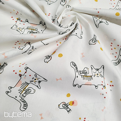 Tissu en coton CHAT AVEC OISEAU