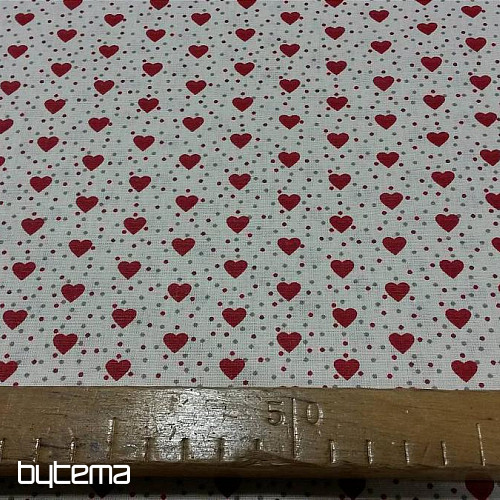 Tissu en coton MINI HEART 01 crème, coeur rouge