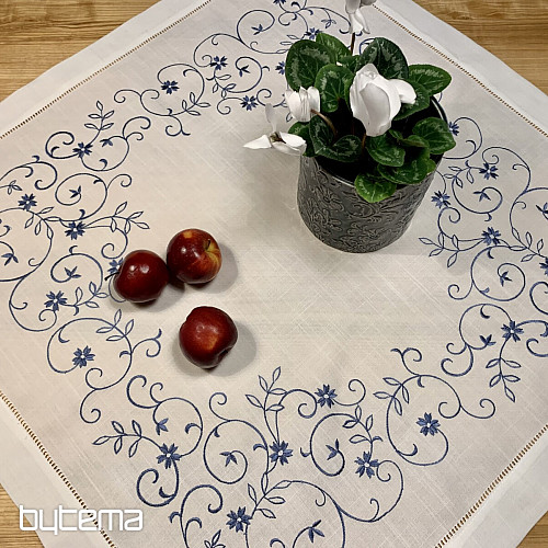 Nappe et foulard brodés FLEUR BLEU BLANC