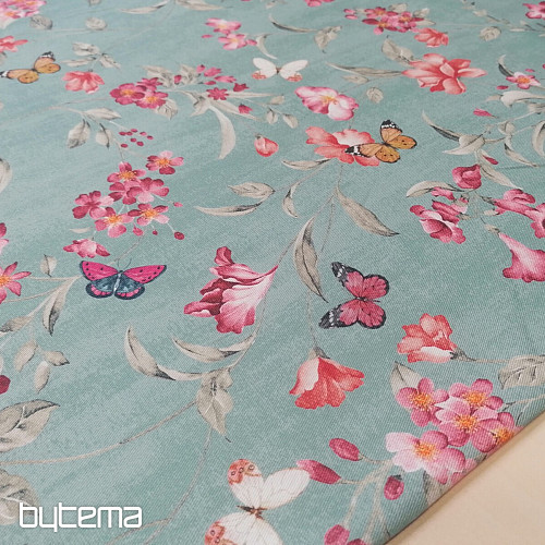 Tissu déco FLEURS turquoise