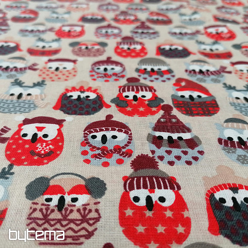 Tissu coton OWLS IN WINTER rouge