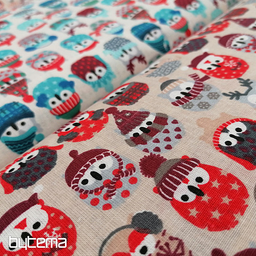 Tissu coton OWLS IN WINTER rouge