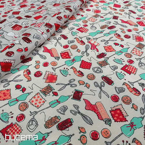 Tissu coton ATELIER DE COUTURE turquoise-rouge