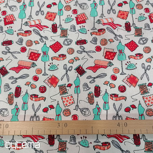 Tissu coton ATELIER DE COUTURE turquoise-rouge