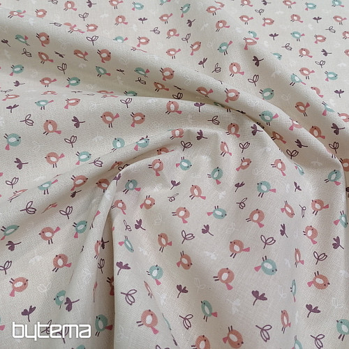 Tissu coton MIOU beige oiseaux