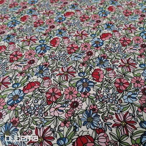 Tissu coton Fleurs Apoléna rose-bleu