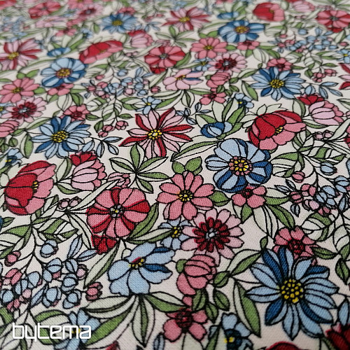 Tissu coton Fleurs Apoléna rose-bleu
